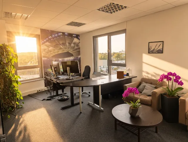 Beraterbüro mit höhenverstellbarem Schreibtisch, zwei Bildschirmen und Ledersesseln