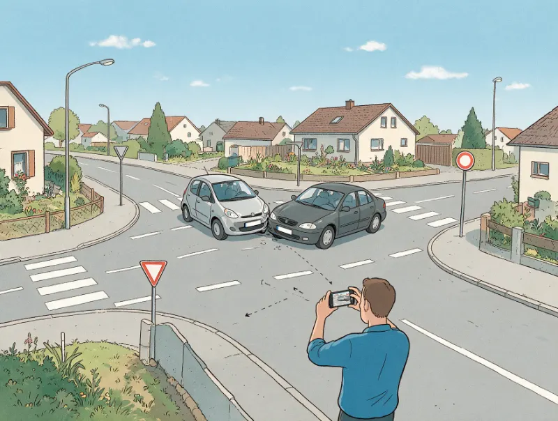 Mann fotografiert aus einigen Metern Abstand die ganze Unfallstelle